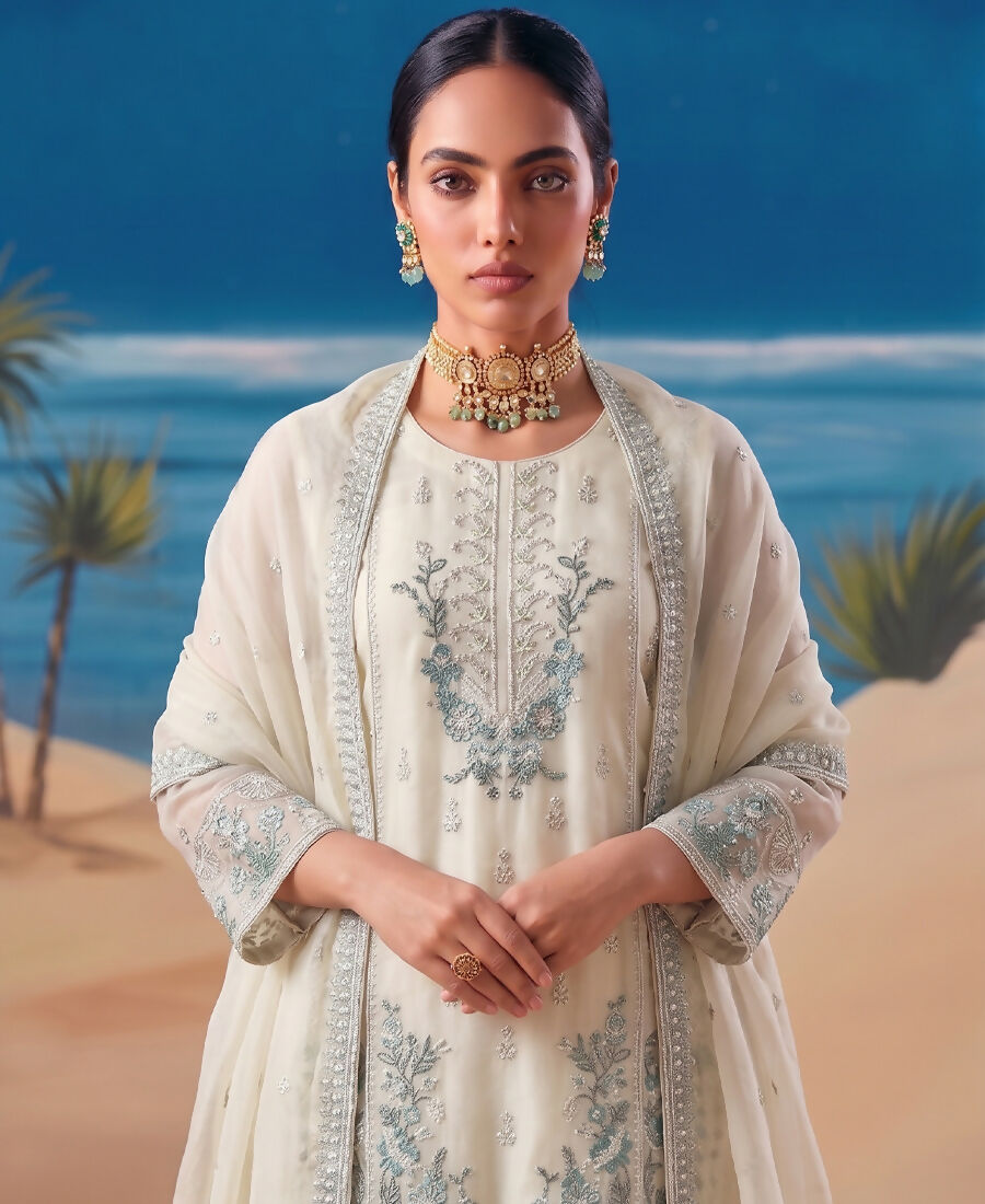 KC Heavy Chiffon Silk White Hand Embroidered Straight Suit For Women Wedding | Grocsy