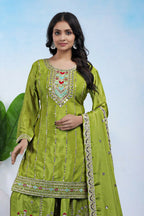 Teeya Creation Parrot Green Color Chinon Silk Wedding Wear Trending Palazzo Set | Grocsy