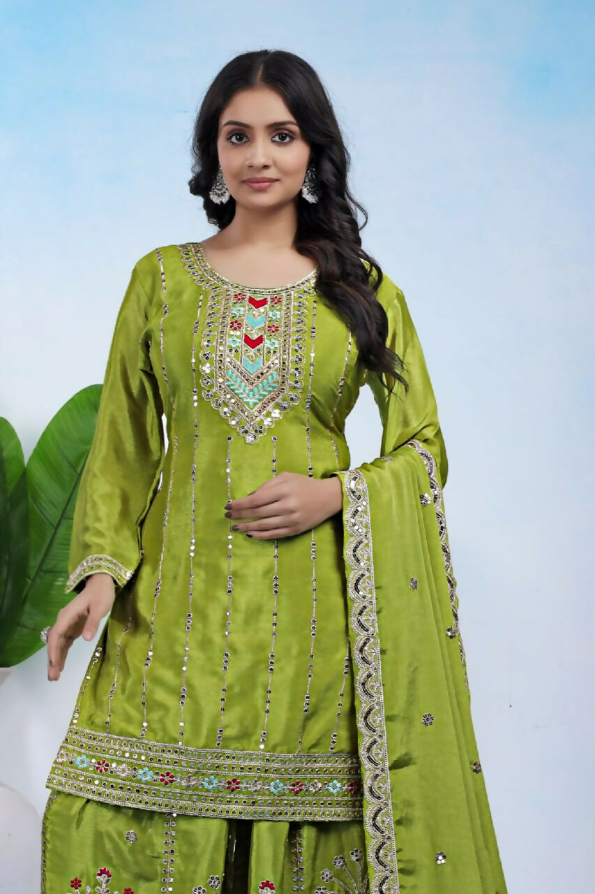 Teeya Creation Parrot Green Color Chinon Silk Wedding Wear Trending Palazzo Set | Grocsy