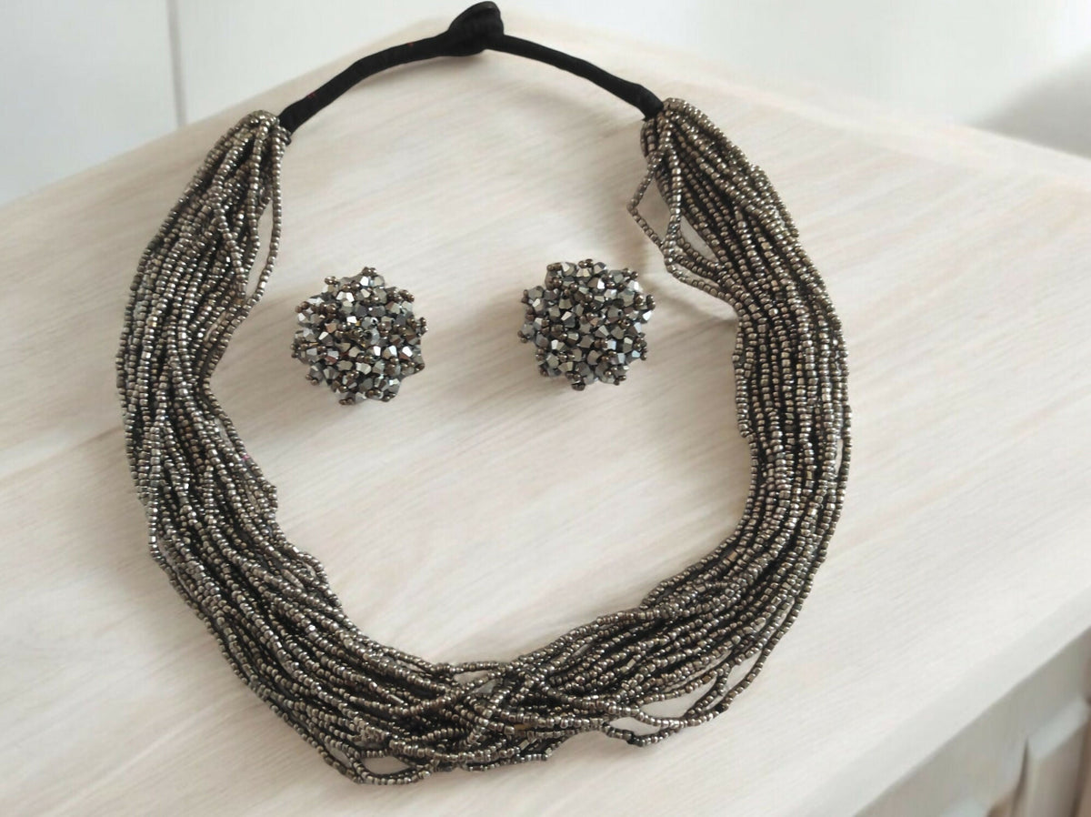 Inhanns Vibrant Handmade 20 Layers Beaded Necklace With Matching Earrings - Gray | Grocsy