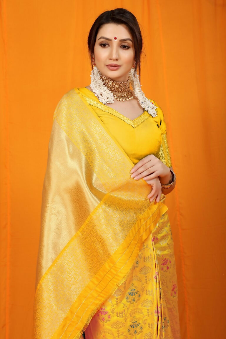 Jyoti Fashion Women's Yellow Kanjivaram Silk Zari Woven Saree with Blouse | Grocsy