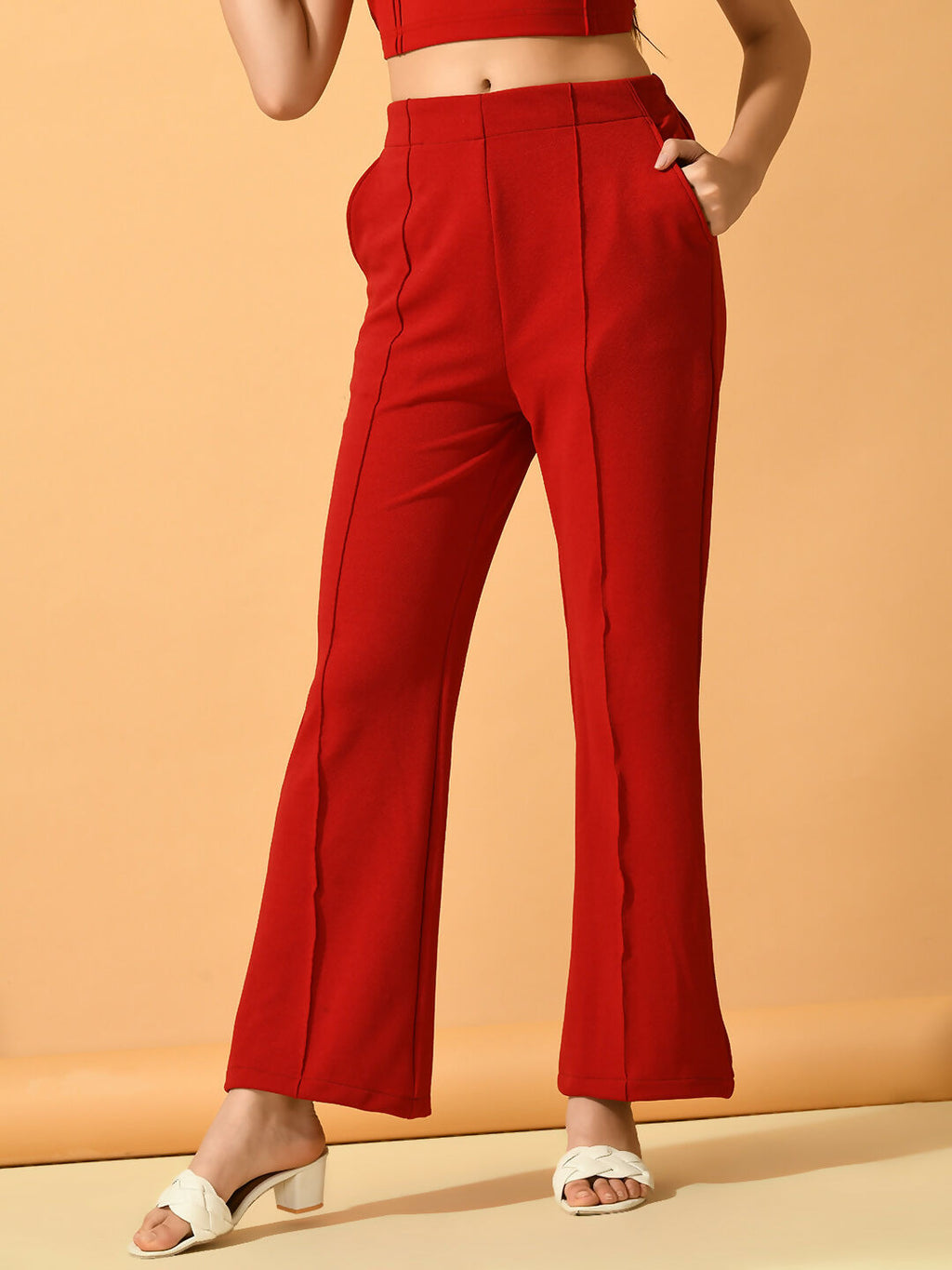 Myshka Women's Red Solid Top With Trousers | Grocsy