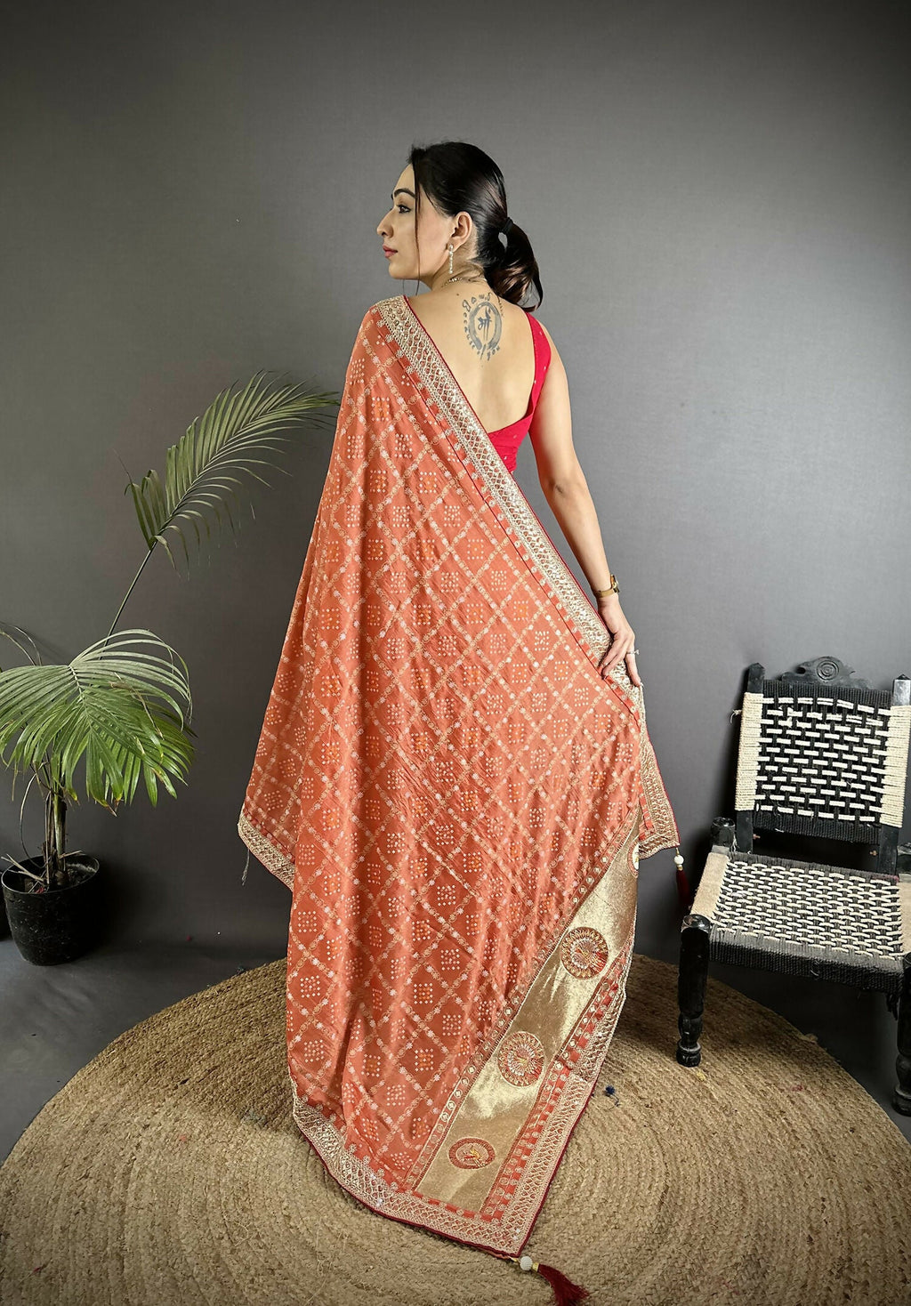 Joban Fashion Peach Bandhej Bandhani Vichitra Silk Bandhani Prints Saree | Grocsy
