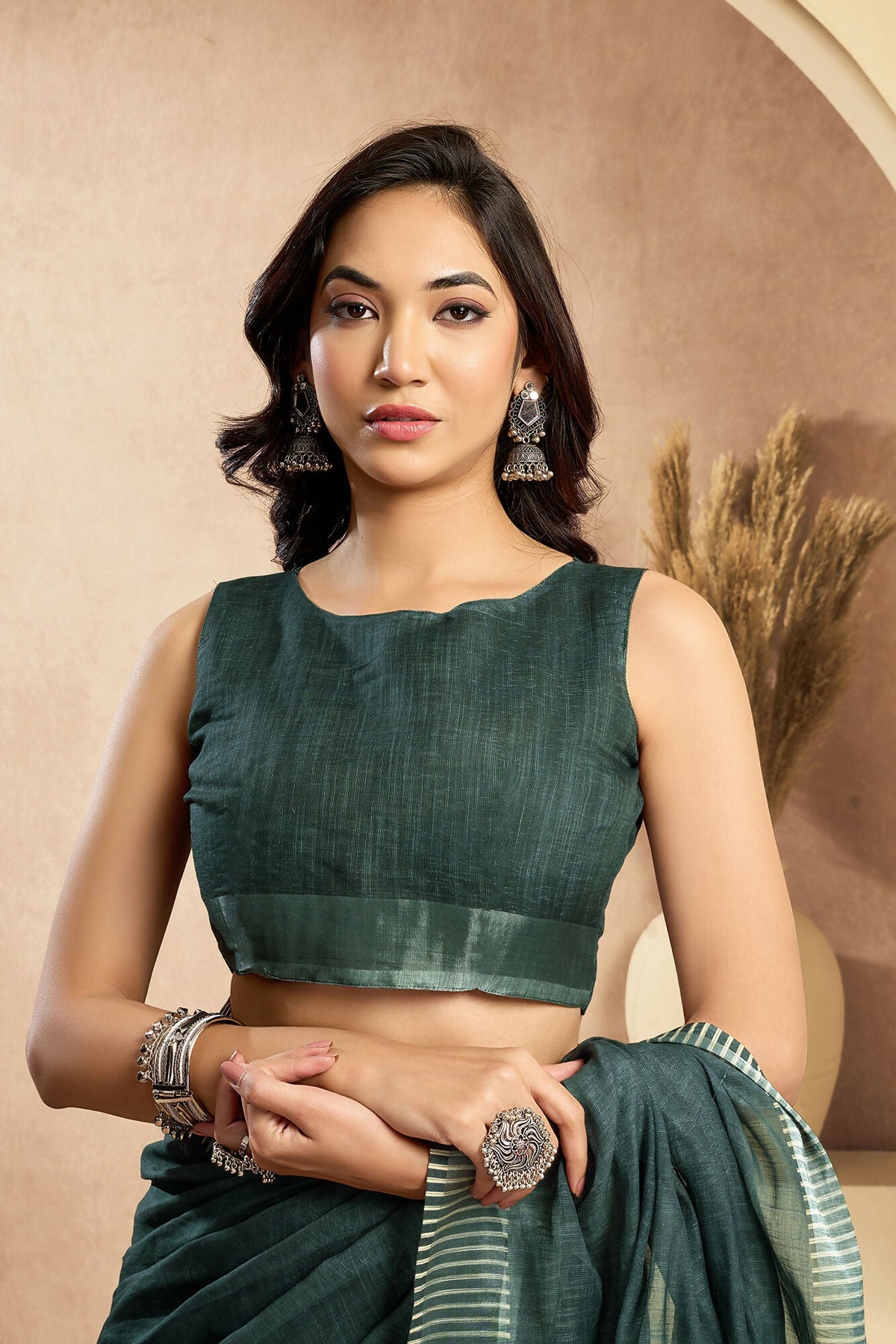 Vastranavya Morpeach Digital Printed Linen Ready To Wear Pocket Saree with Unstitched Blouse | Grocsy