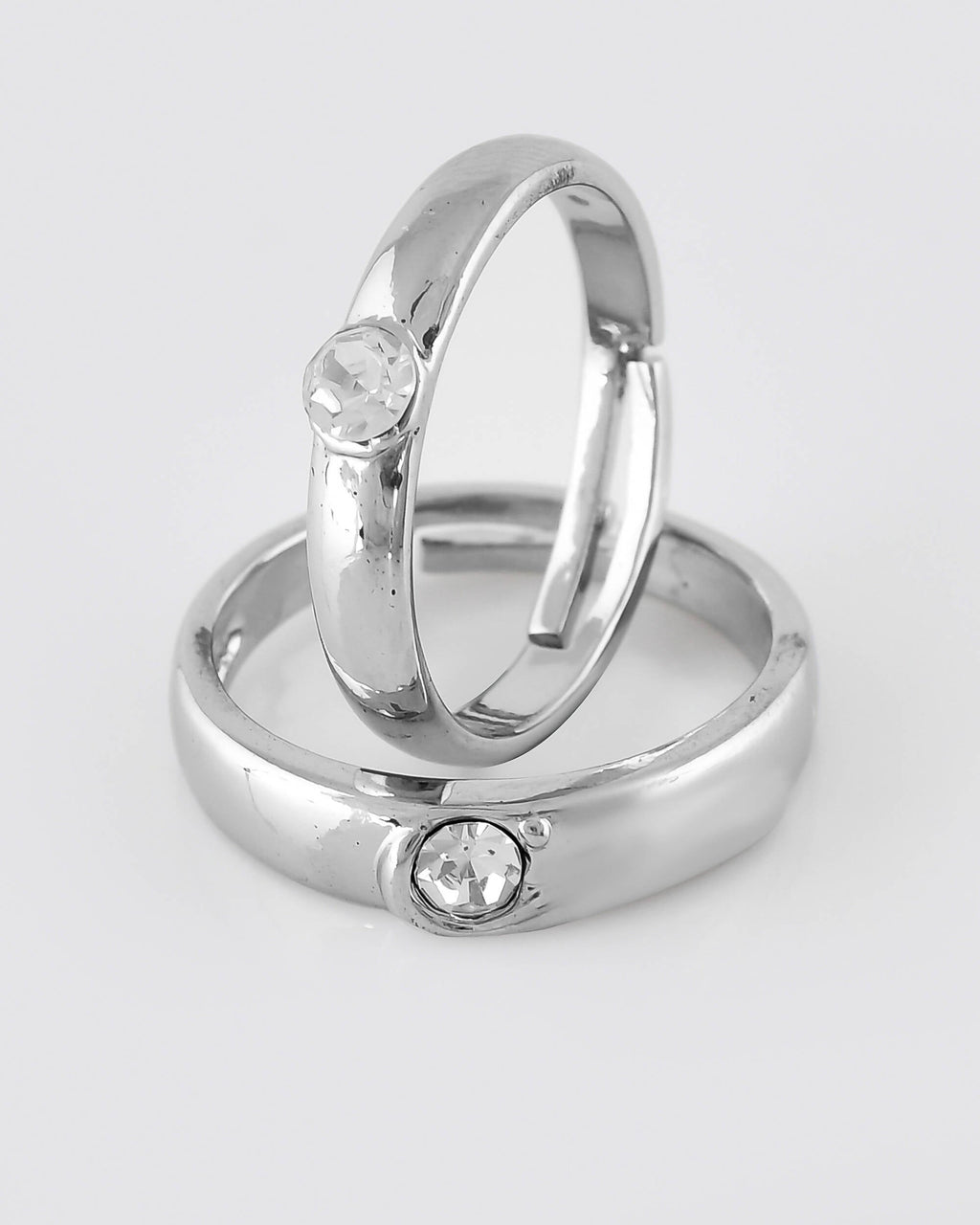 VOJ Stainless Steel Cubic Zirconia Silver Plated Adjustable Ring Set for Couple | Grocsy