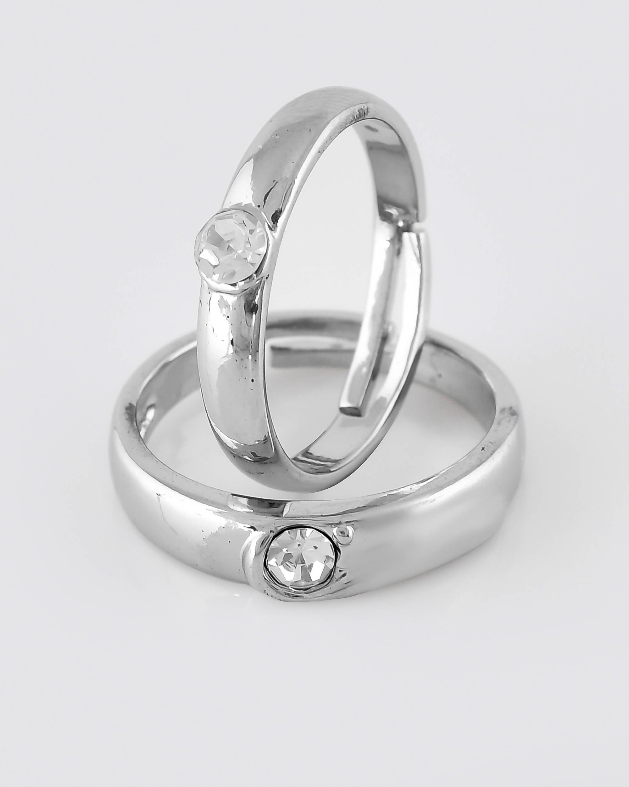 VOJ Stainless Steel Cubic Zirconia Silver Plated Adjustable Ring Set for Couple | Grocsy