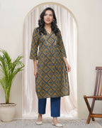 Vaasva Blue Ajrakh Cotton Printed Gathered Kurti With Pant | Grocsy
