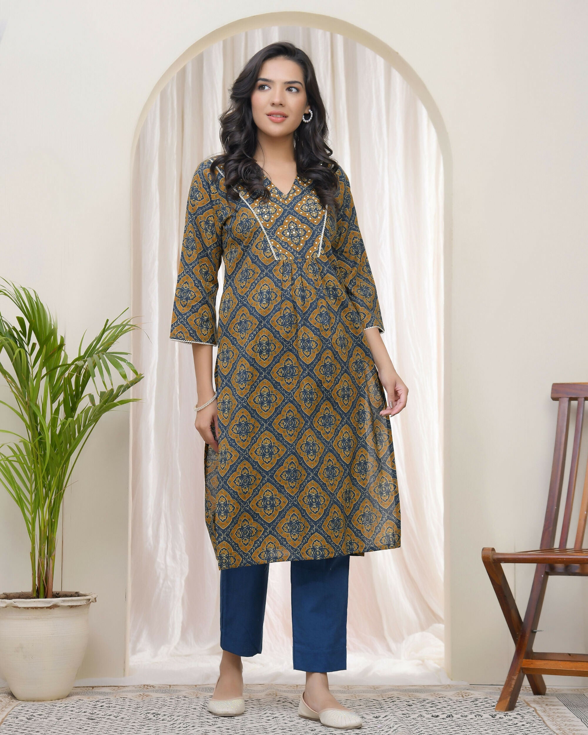 Vaasva Blue Ajrakh Cotton Printed Gathered Kurti With Pant | Grocsy