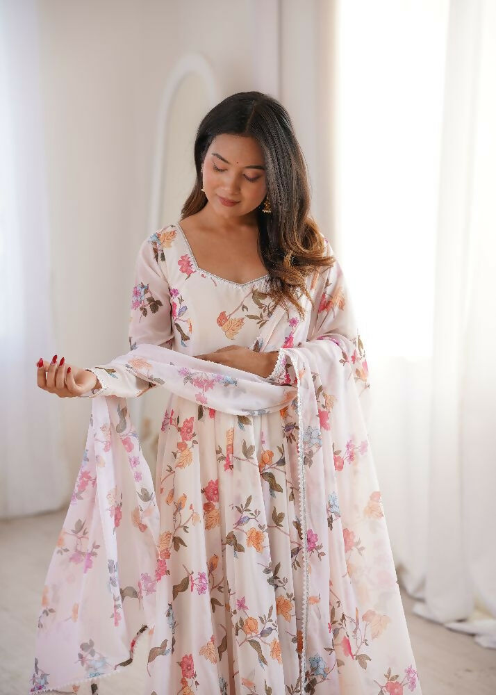 Teeya Creation Cream Faux Georgette Digital Print Party Wear Long Gown | Grocsy