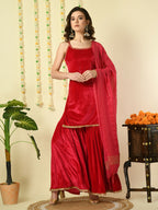 Myshka Women's Pink Velvet Kurti & Sharara With Dupatta Party Sets | Grocsy