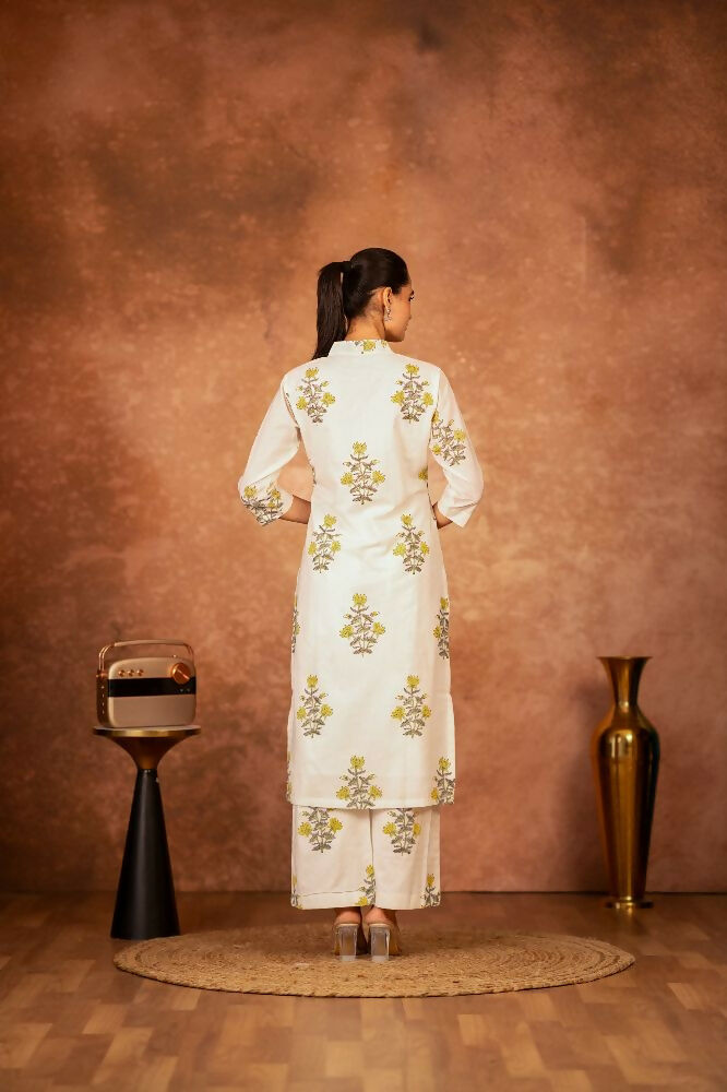 Joban Fashion Off White Yellow Hand Block Printed Cotton Suit Set | Grocsy