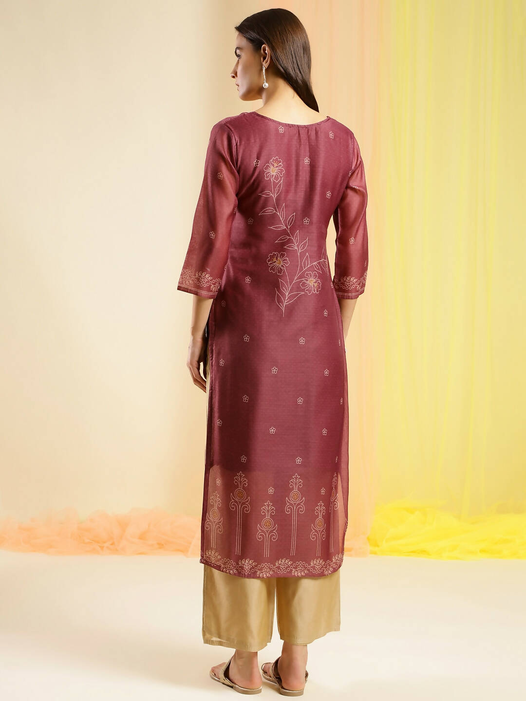 Maroon Chinon Digital Printed With Hand Work Kurta - Himanshi | Grocsy