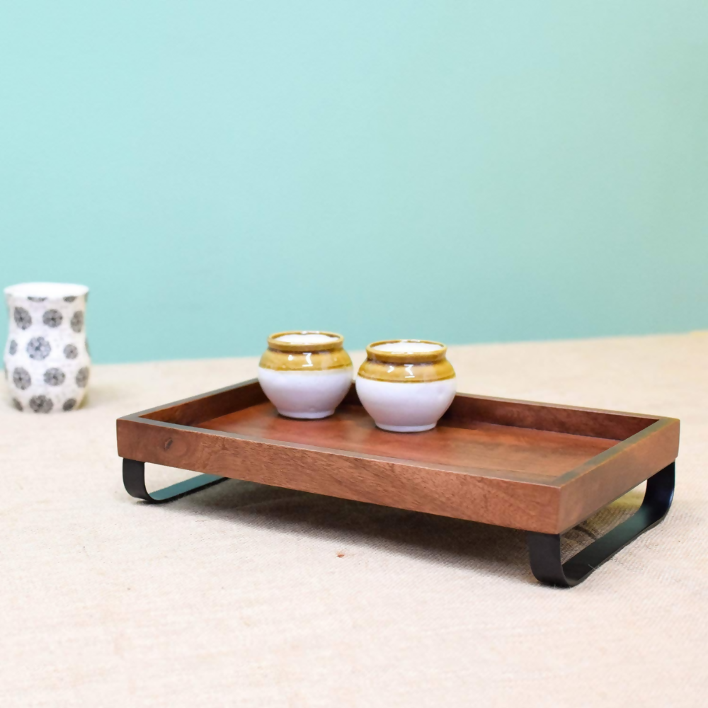 Brick Brown Premium Wooden Serving Tray/Platter with Black Metal Stand | Grocsy