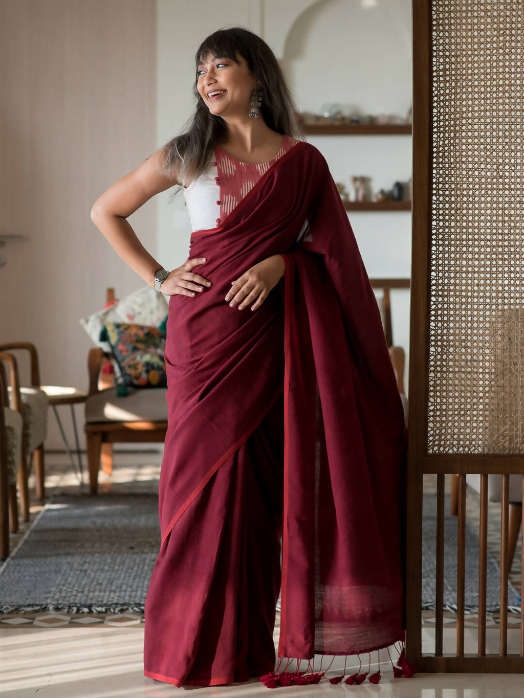 Suta Maroon Solid Cotton Blend Saree | Grocsy