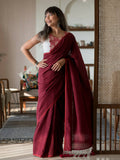 Suta Maroon Solid Cotton Blend Saree | Grocsy