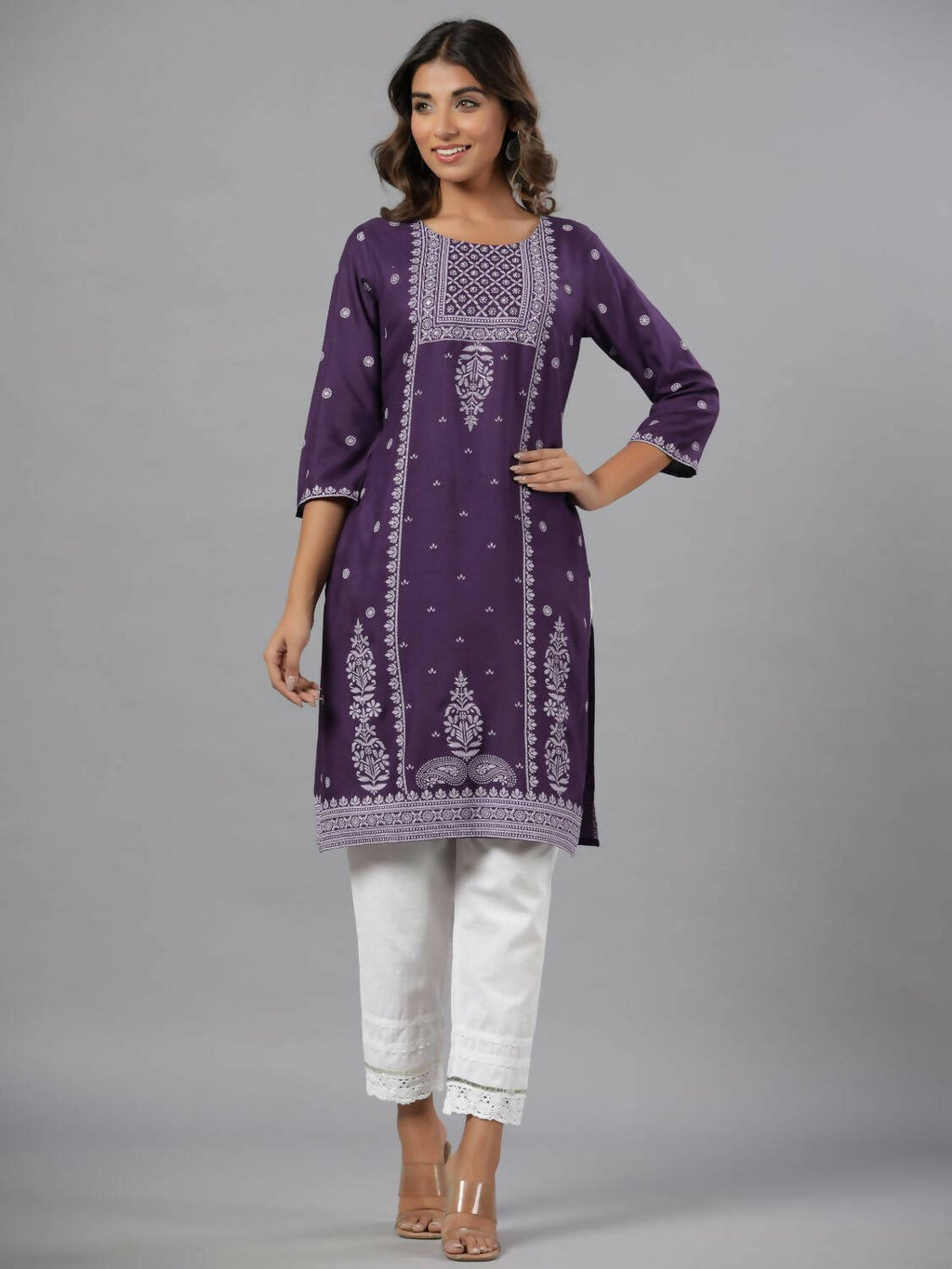 Juniper Women Purple Rayon Printed Knee Length Straight Kurta | Grocsy