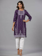 Juniper Women Purple Rayon Printed Knee Length Straight Kurta | Grocsy