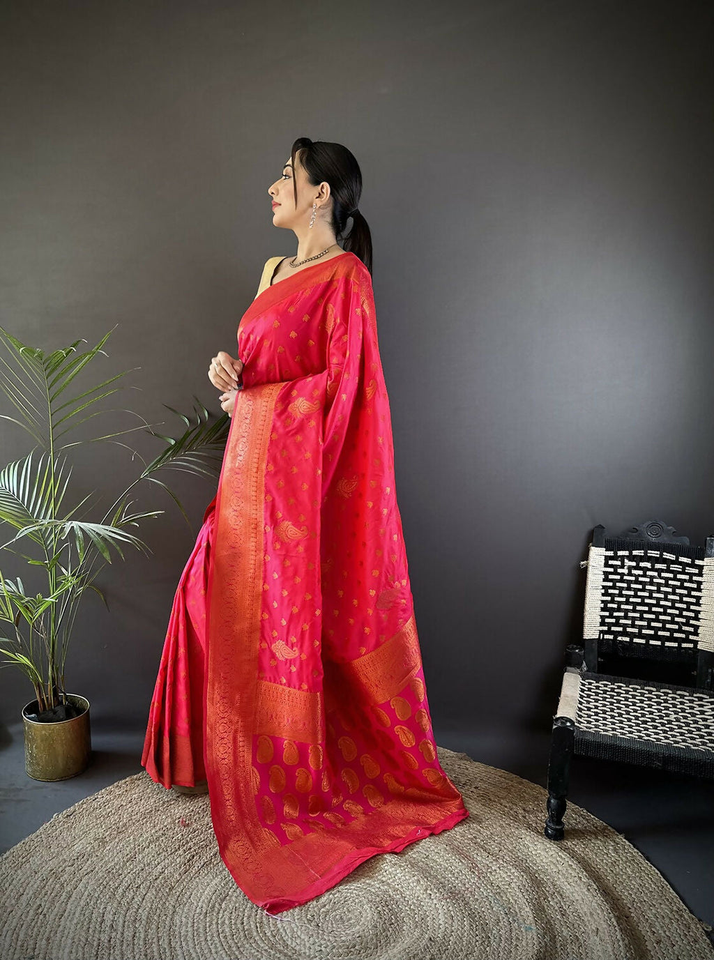 Joban Fashion Banarasi Hot Pink Woven Soft Silk Saree | Grocsy