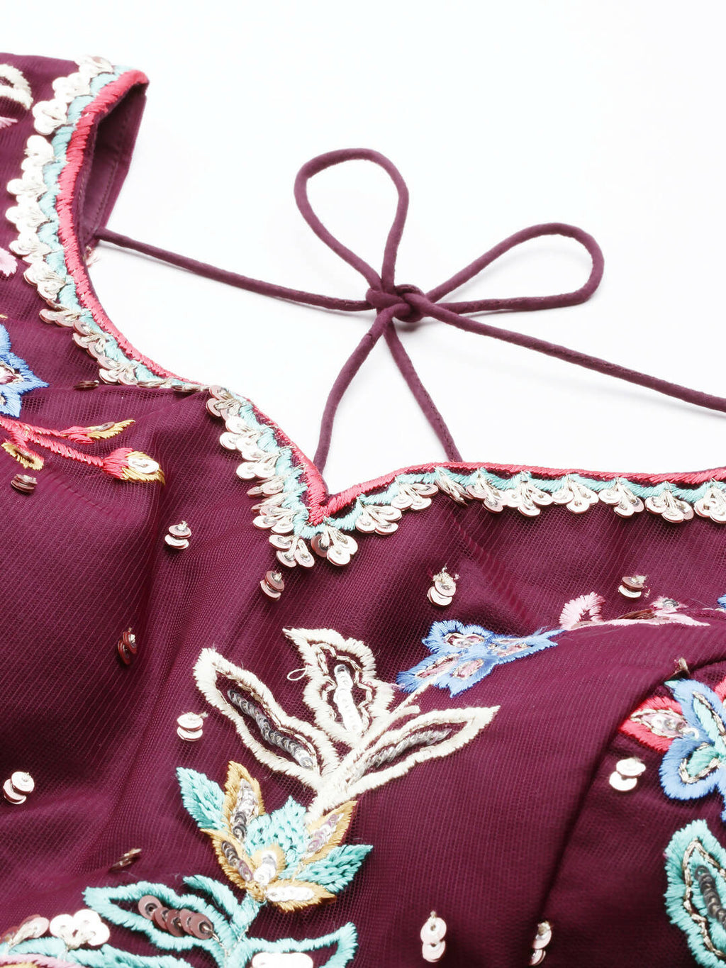 House of Panchhi Burgundy Net Multi colour Thread & Sequinse Work Lehenga & Blouse, Dupatta | Grocsy