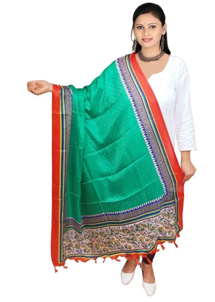 Vamika Green & Multi-Colour Printed Bhagalpuri Silk Dupatta | Grocsy