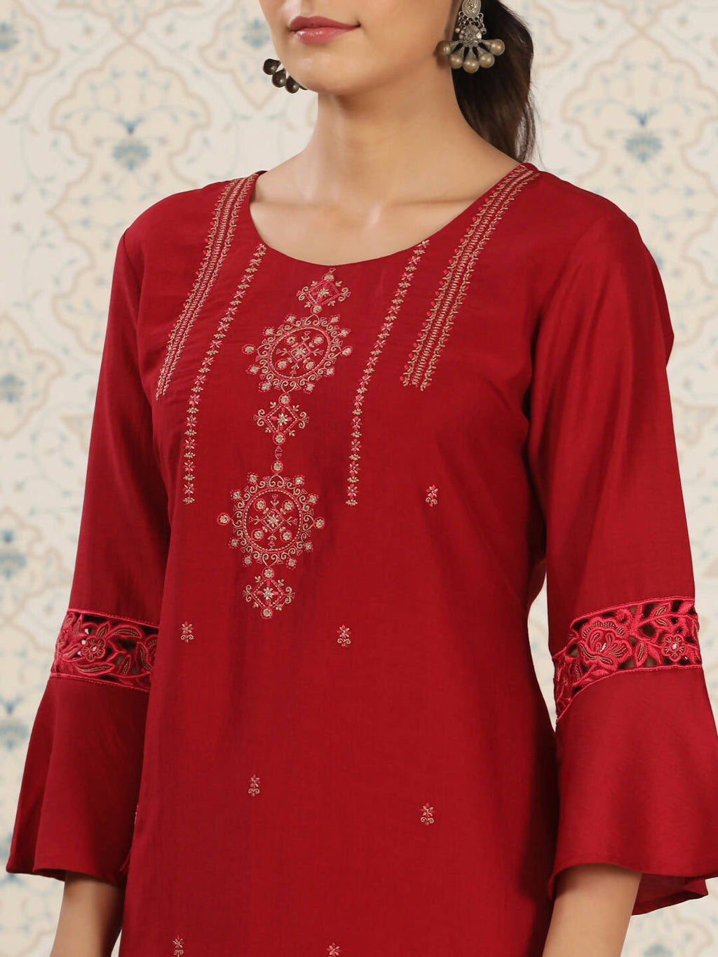 Red Chinon Embroidered Straight Top - Zeny | Grocsy