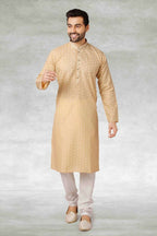 Raivat Ethnic Cotton Printed Work Kurta Pajama In Beige Colour | Grocsy