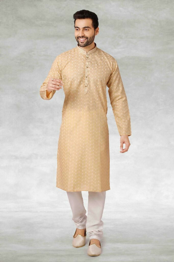 Raivat Ethnic Cotton Printed Work Kurta Pajama In Beige Colour | Grocsy