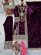 Teeya Creation Purple Color Velvet Fabric Designer Embroidery Work Suit | Grocsy