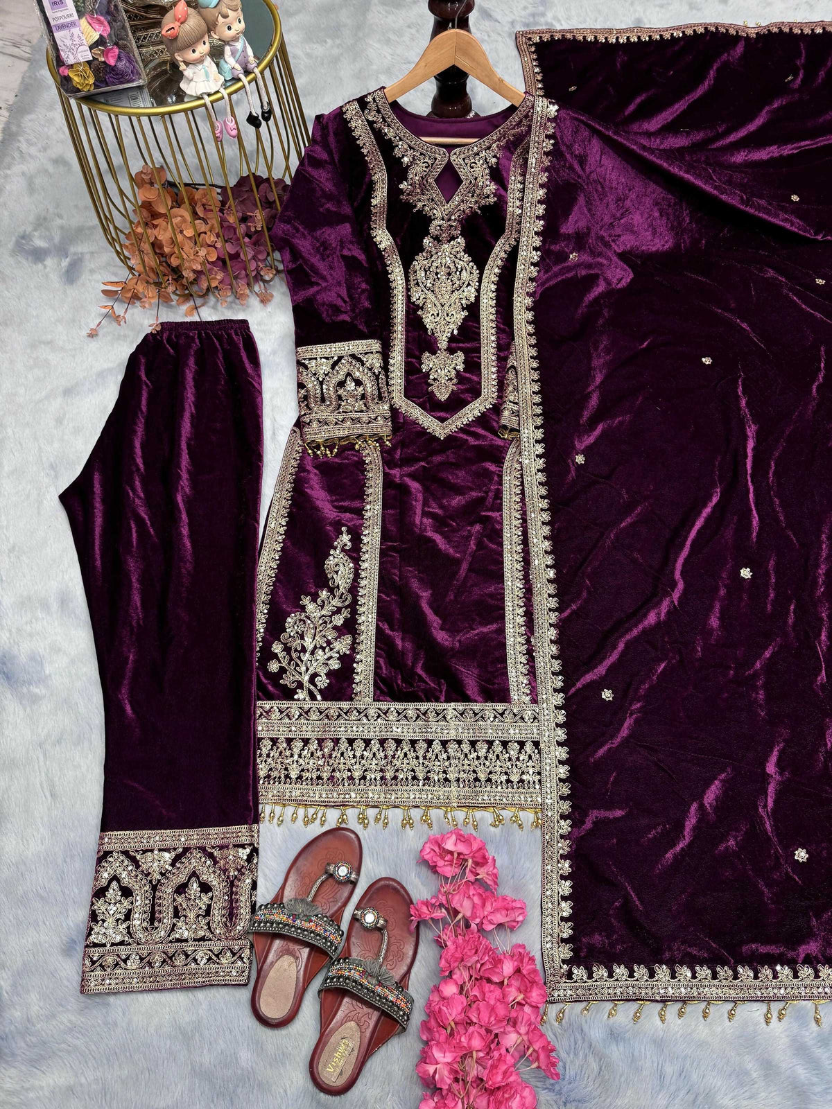 Teeya Creation Purple Color Velvet Fabric Designer Embroidery Work Suit | Grocsy