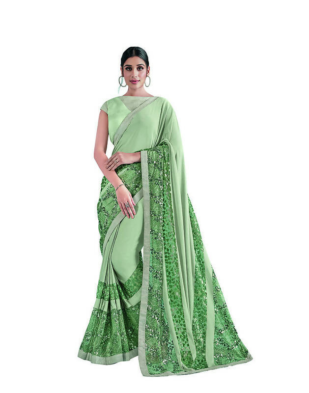 Sea Green Lycra Embroidery Saree with Unstitched Blouse Piece - Norita Elaura | Grocsy