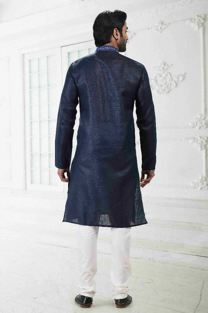Raivat Ethnic Linen Cotton Thread Work Kurta Pajama In Blue Colour | Grocsy