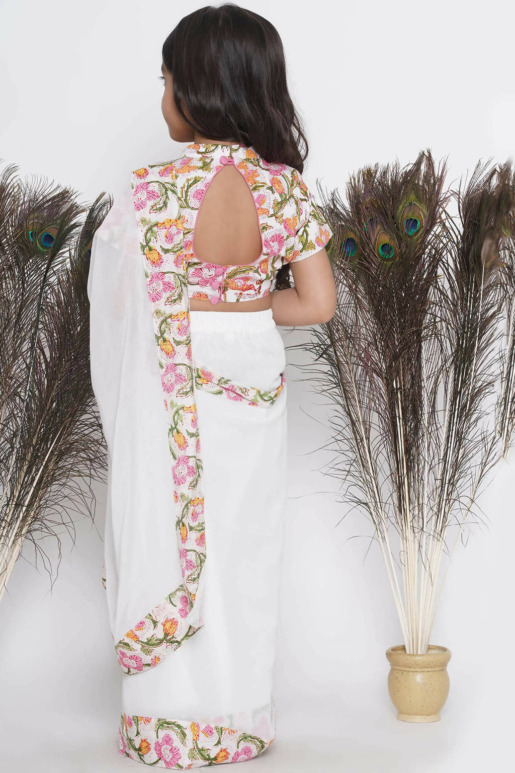 Little Bansi Floral Print Ready To Wear Saree And Floral Blouse - White | Grocsy