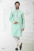 Raivat Ethnic Linen Cotton Thread Work Kurta Pajama In Pista Green Colour | Grocsy