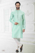 Raivat Ethnic Linen Cotton Thread Work Kurta Pajama In Pista Green Colour | Grocsy