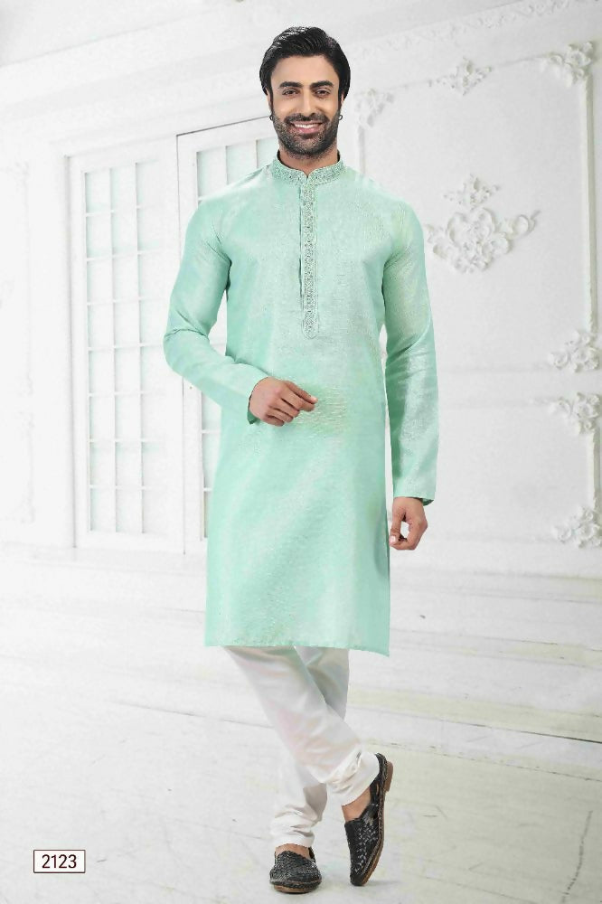 Raivat Ethnic Linen Cotton Thread Work Kurta Pajama In Pista Green Colour | Grocsy