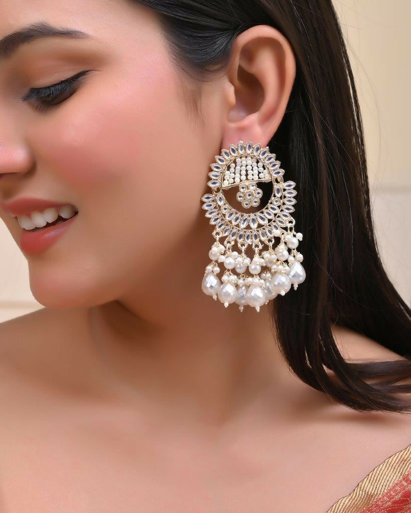 VOJ Gold-Polished Pearl Studded Chandbali Earrings