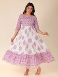 Aramya Anarkali Soft Cotton Floral Print Women's Kurta Set - White | Grocsy