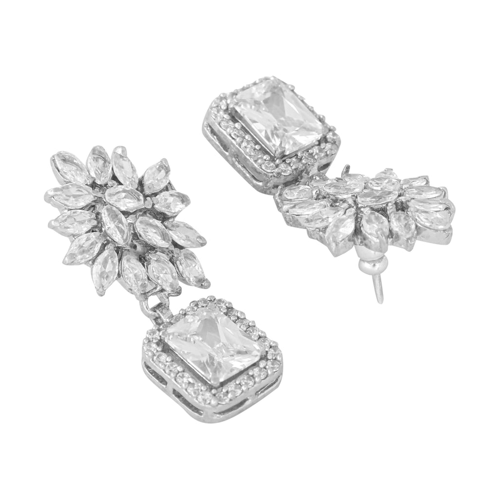 Nuyug Rhodium-Plated Rhinestone Studded Floral Minimal Cotemporary Studs | Grocsy