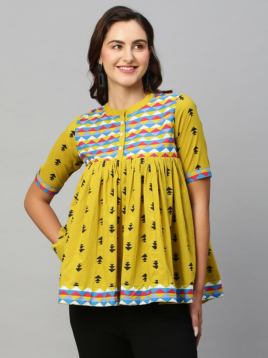 Olive Green & Black Pure Cotton Printed A-Line Top - Bosky | Grocsy
