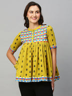 Olive Green & Black Pure Cotton Printed A-Line Top - Bosky | Grocsy