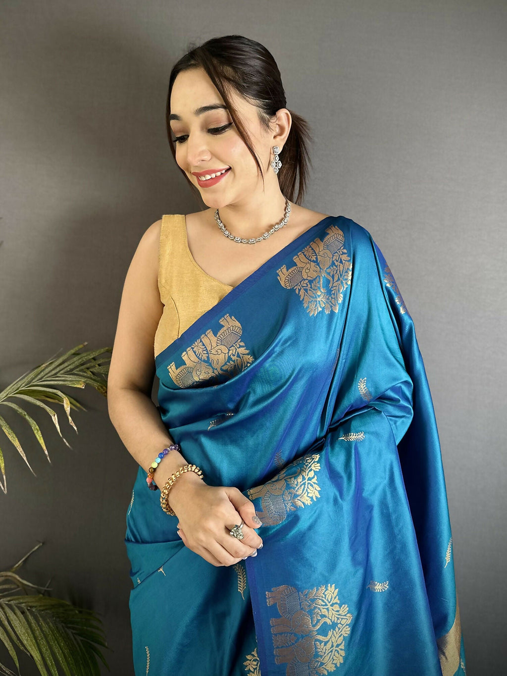 Joban Fashion Blue Motifs Zari Weaving Soft Silk Banarasi Saree | Grocsy