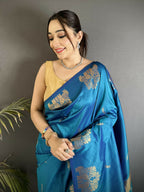 Joban Fashion Blue Motifs Zari Weaving Soft Silk Banarasi Saree | Grocsy
