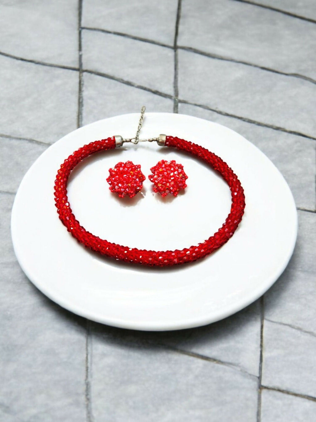 Inhanns Noor-E-Jalwa – Handmade Crystal Bead Necklace / Necklace With Earrings -Adjustable - Red | Grocsy