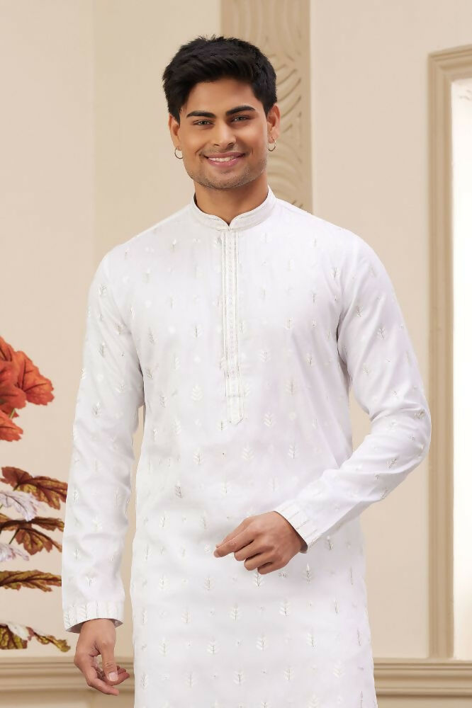 Raivat Ethnic Art Silk Thread Work Kurta Pajama In Off White Colour | Grocsy