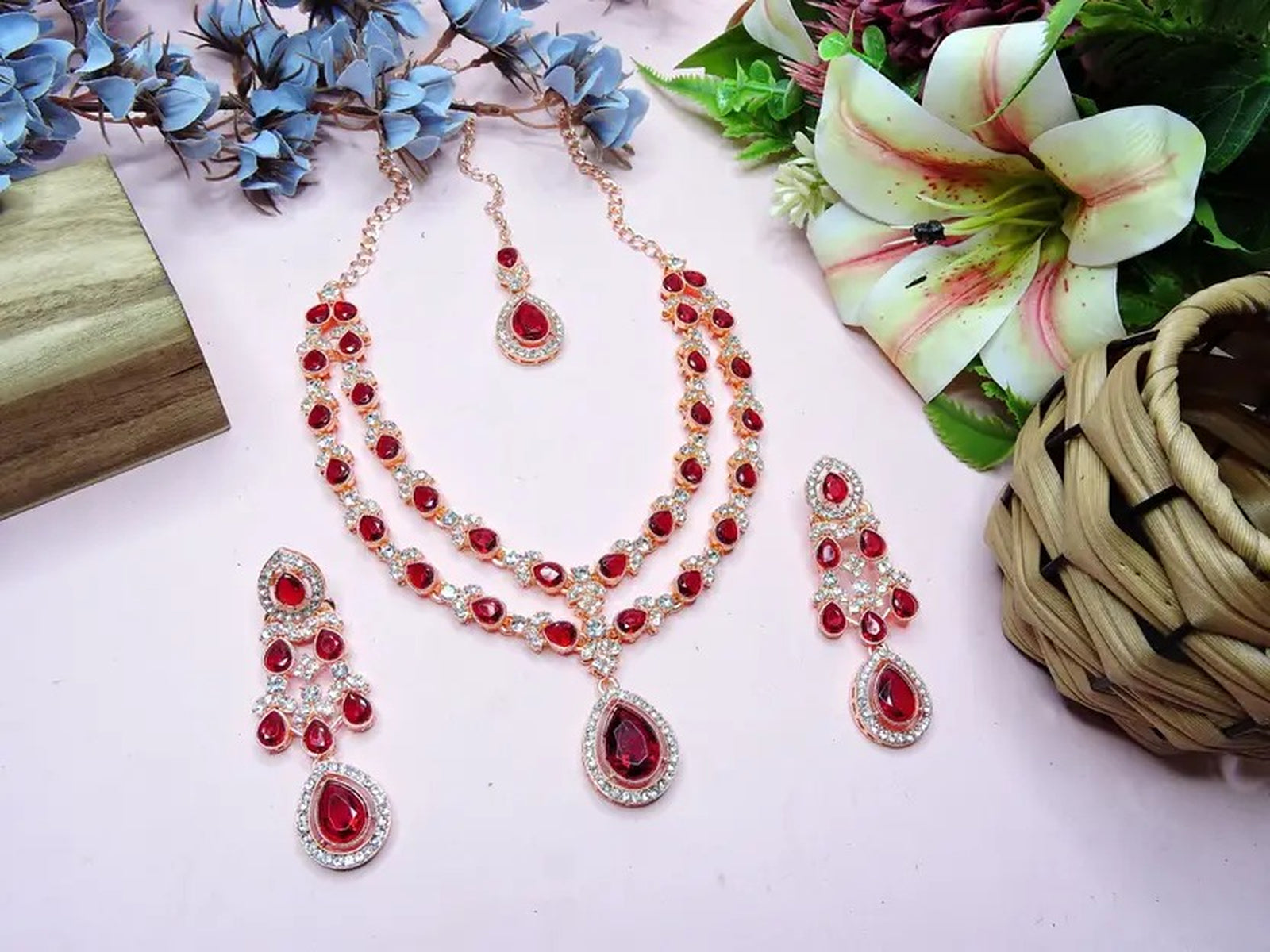 Jewel City Teardrop Bridal Necklace Set with Earrings & Maang Tikka - Ethnic Wedding Jewelry for Brides & Parties | Grocsy