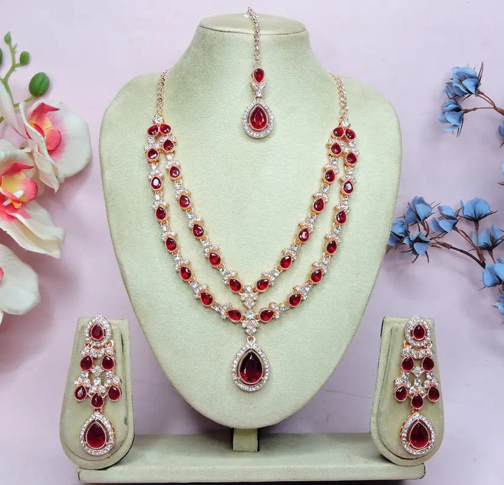 Jewel City Teardrop Bridal Necklace Set with Earrings & Maang Tikka - Ethnic Wedding Jewelry for Brides & Parties | Grocsy