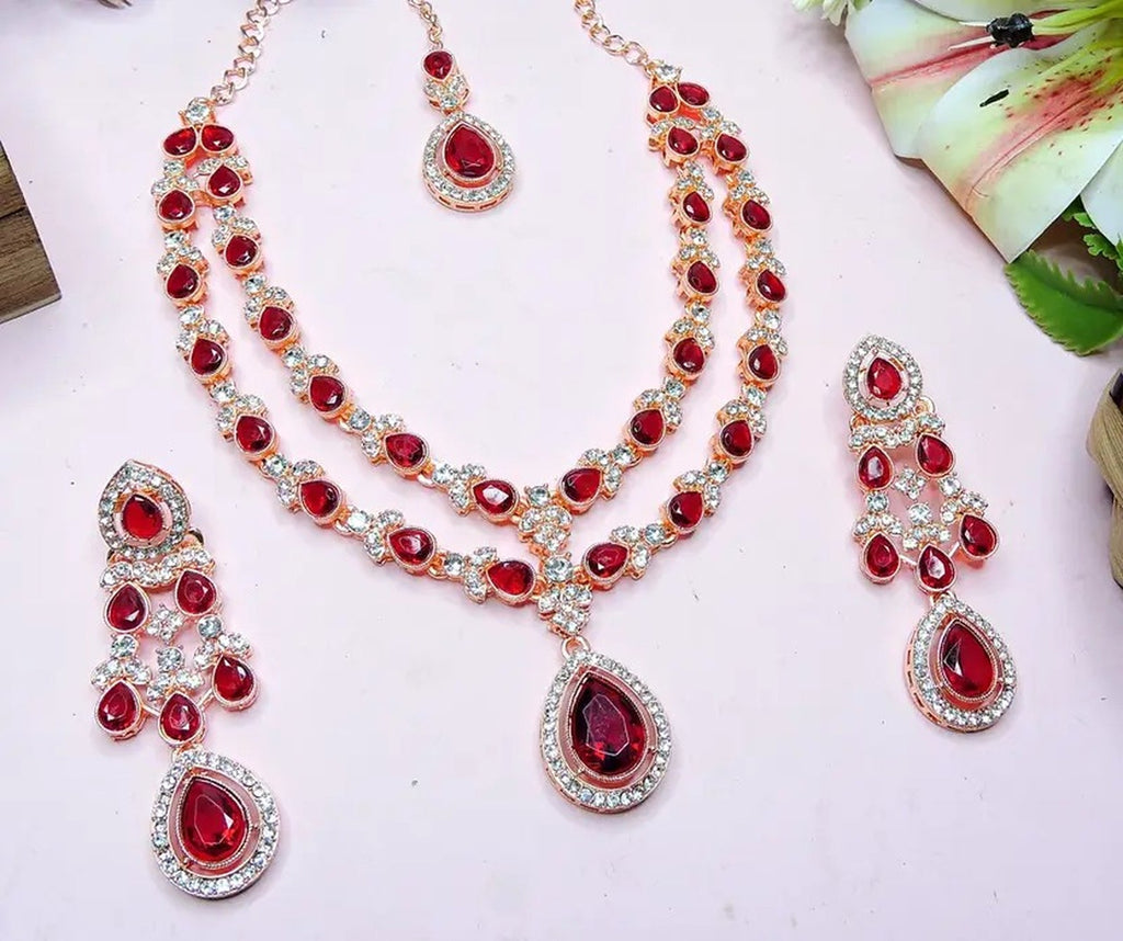Jewel City Teardrop Bridal Necklace Set with Earrings & Maang Tikka - Ethnic Wedding Jewelry for Brides & Parties | Grocsy