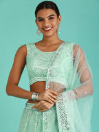 House of Panchhi Turquoise Blue Net Gotapatti Work Lehenga & Blouse, Dupatta | Grocsy