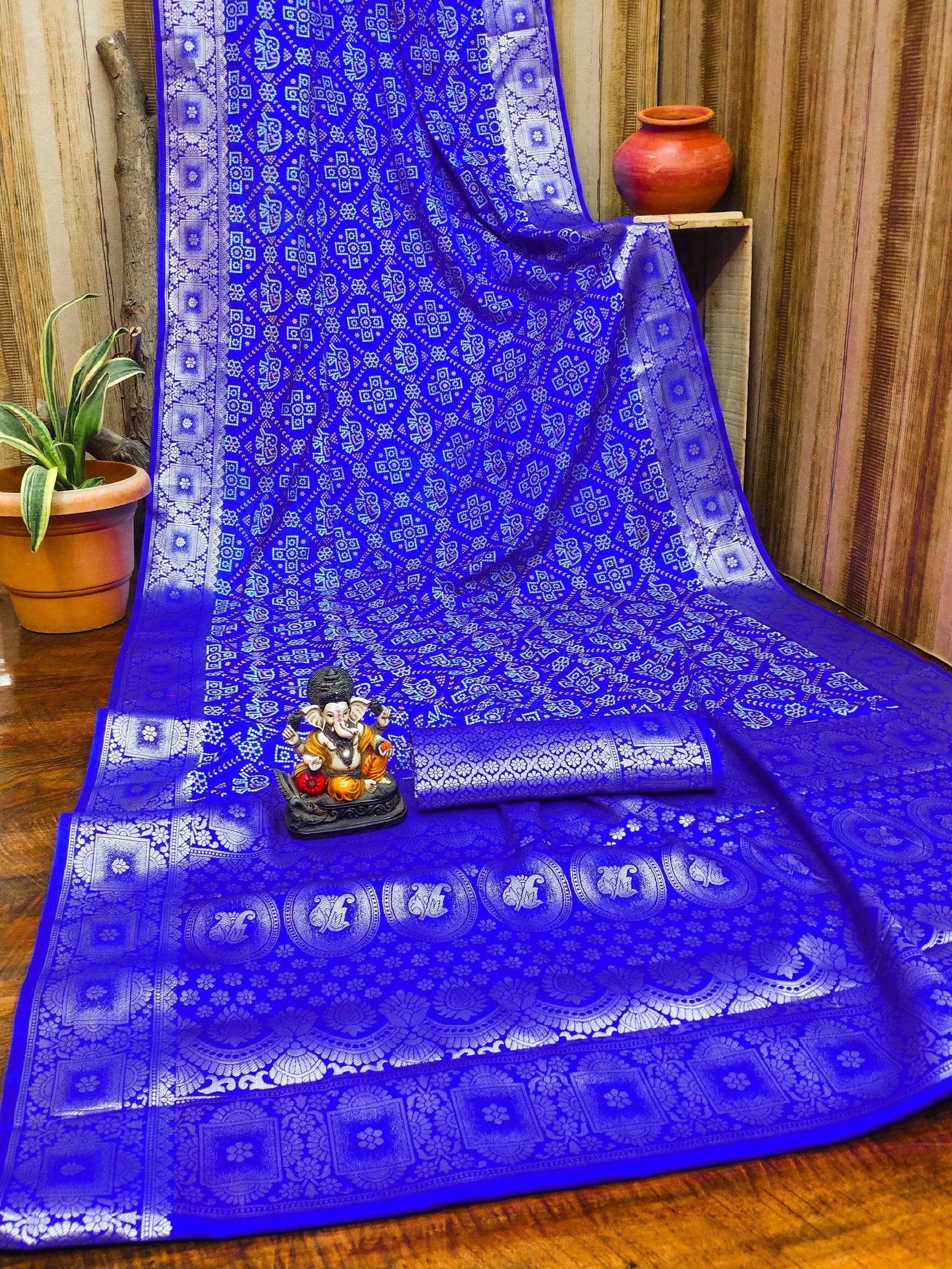 Anaita Blue Soft Satin Silk Bandhej Print Saree With Kanchi Zari Weaving Border | Grocsy