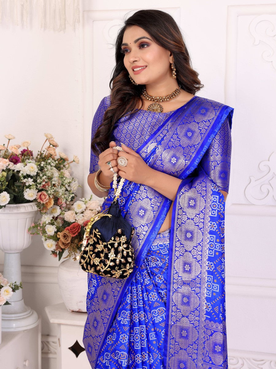 Anaita Blue Soft Satin Silk Bandhej Print Saree With Kanchi Zari Weaving Border | Grocsy